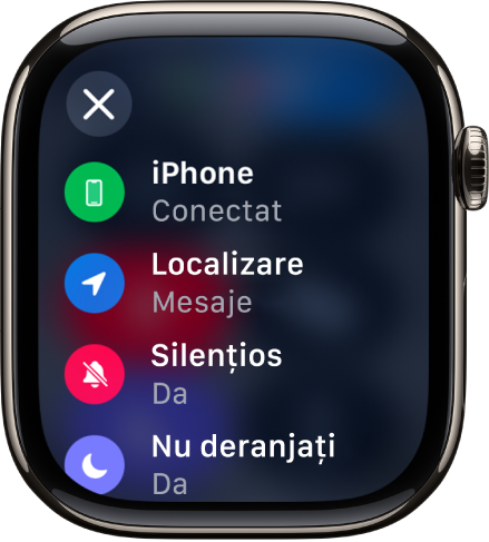 Detaliile de stare afișând că iPhone‑ul este conectat, localizarea este utilizată de Mesaje, opțiunile mod Silențios și Nu deranjați sunt activate.