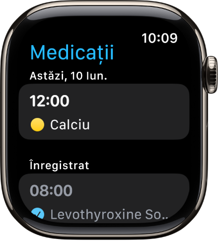 Aplicația Medicații afișând medicațiile programate și înregistrate.