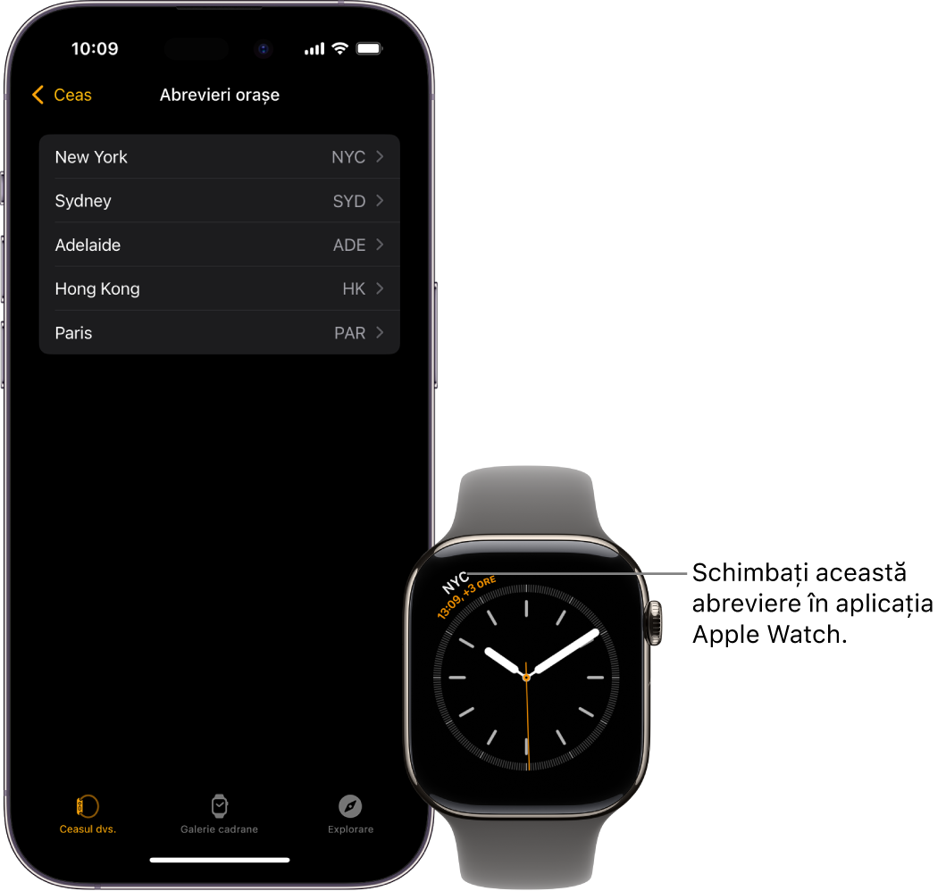 Un iPhone și un Apple Watch, unul lângă altul. Ecranul Apple Watch-ului afișează ora din New York City, utilizând abrevierea NYC. Ecranul iPhone-ului prezintă lista de orașe în configurările Ceas din aplicația Apple Watch.