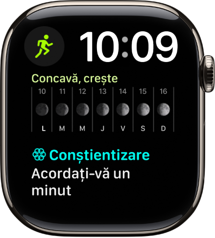 Cadranul de ceas Modular Duo afișează un ceas digital lângă partea din dreapta sus și trei complicații: Exerciții în stânga sus, Faza lunii în mijloc și Conștientizare în partea de jos.