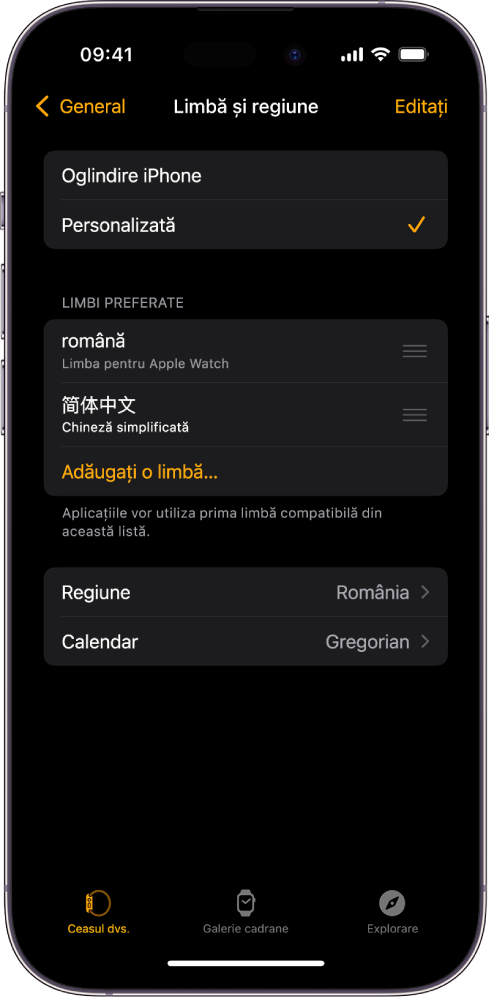 Ecranul Limbă și regiune din aplicația Apple Watch, cu opțiunile Engleză și Spaniolă afișate sub Limbi preferate.