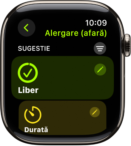 Aplicația Exerciții afișând un ecran pentru editarea unui exercițiu Alergare (afară). Fereastra Liber este în centru, cu un buton Editați în partea din dreapta sus. O parte din fereastra Timp este dedesubt.