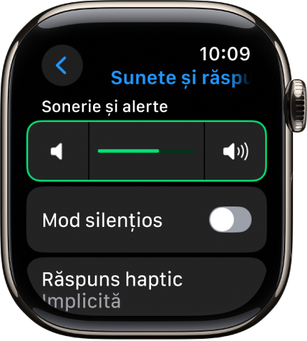 Configurările Sunete și răspuns haptic de pe Apple Watch, cu glisorul Volum alarmă în partea de sus și comutatorul Mod Silențios dedesubt.