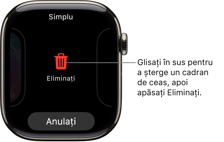 Ecranul Apple Watch prezentând butoanele Eliminați și Anulați, care apar după ce glisați spre un cadran de ceas, apoi glisați în sus pe el pentru a‑l șterge.