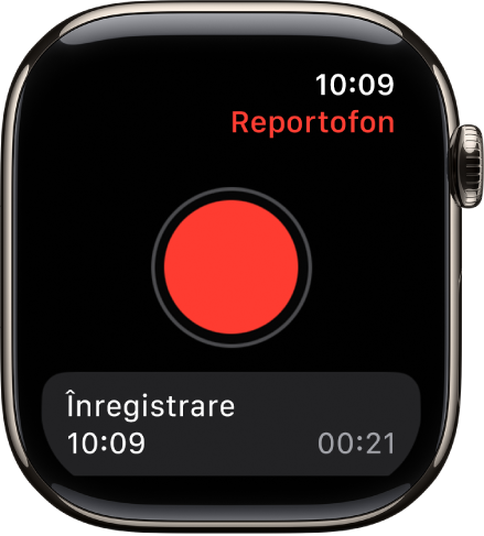 Apple Watch afișând ecranul Reportofon. Un buton roșu Înregistrare apare în apropierea părții de sus. Un memo înregistrat apare dedesubt. Acesta afișează ora la care a fost înregistrat și durata.