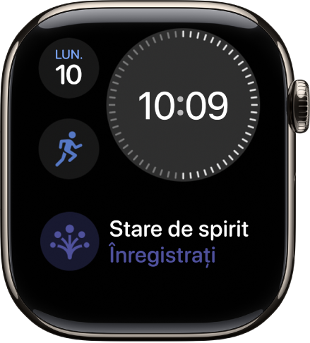 Cadranul de ceas Modular compact prezentând un ceas digital în dreapta sus, ziua și data în stânga sus și două complicații: Exerciții în partea din mijloc stânga și Stare de spirit în partea de jos.