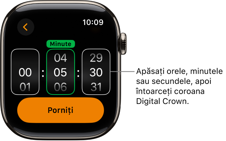 Configurările pentru crearea unui temporizator personalizat, cu ora în stânga, minutele în mijloc și secundele în dreapta. Butonul Start se află dedesubt.