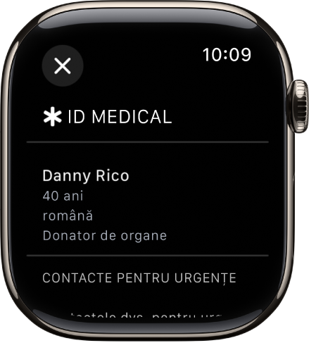 Ecranul ID Medical de pe Apple Watch afișând numele persoanei, vârsta, limba, statutul de donator de organe și contactele pentru urgențe.