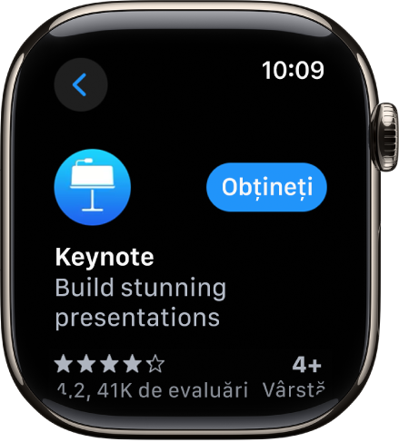 Un ecran App Store afișând pagina de produs a unei aplicații cu o scurtă descriere a aplicației, evaluările acesteia și butonul Obțineți în dreapta.