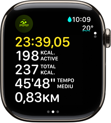 Un exercițiu de înot în apă deschisă în desfășurare afișează timpul scurs din exercițiu, caloriile active arse, caloriile totale arse, tempoul mediu și distanța.