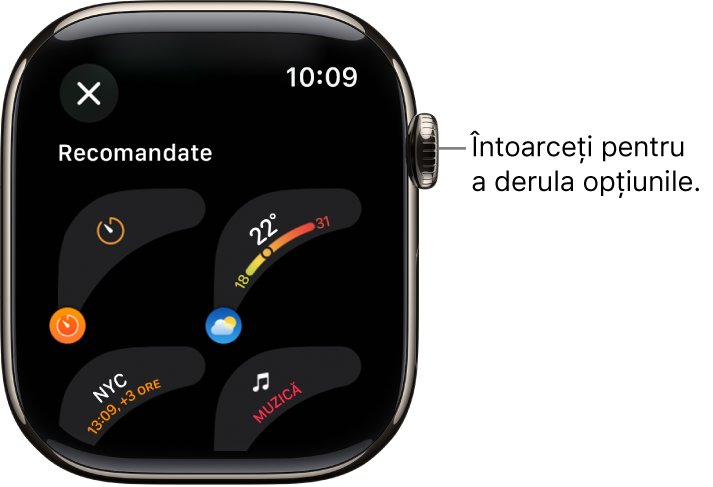 Ecranul de personalizare a unui cadran de ceas prezentând complicațiile recomandate. Pentru a explora complicațiile, întoarceți coroana Digital Crown.