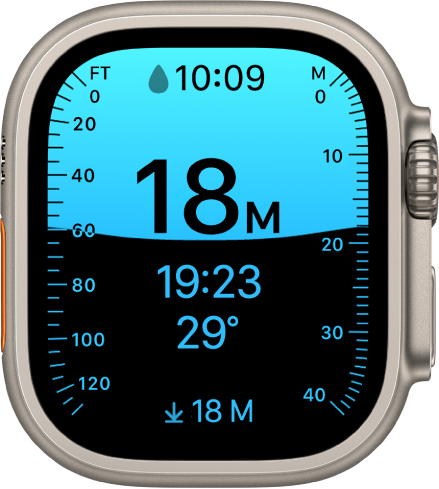 Un ecran Adâncime pe Apple Watch Ultra, afișând adâncimea curentă, timpul scurs și temperatura apei.