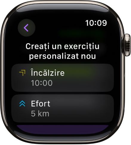 Aplicația Exerciții afișând un ecran pentru crearea unui nou exercițiu personalizat. Fereastra Încălzire se află în centru, cu un interval de 10 minute, iar fereastra Efort este dedesubt, cu un interval de 3 mile.
