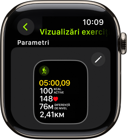 Ecranul Vizualizări exercițiu afișând vizualizarea Parametri a exercițiului pentru un exercițiu Drumeție.