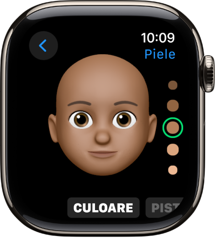 Aplicația Memoji pe Apple Watch afișând ecranul de editare Nas. Există o vedere de aproape a chipului, centrată pe nas. Cuvântul Culoare apare în partea de jos.