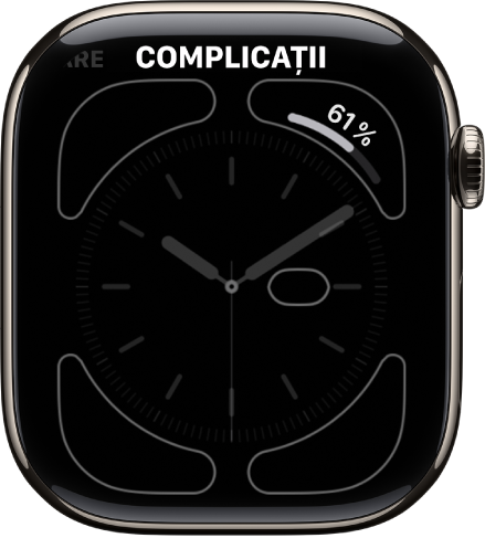 Ecranul pentru personalizarea cadranului ceasului. Complicația procentaj baterie se află în colțul din dreapta sus.