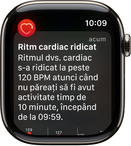 Un ecran Alertă de ritm cardiac, indicând faptul că a fost detectat un ritm cardiac ridicat.