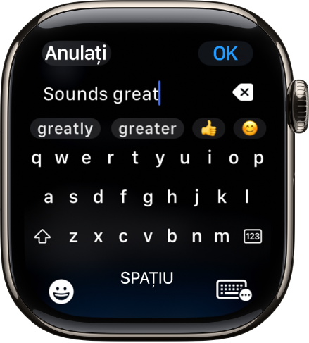 Ecranul câmp de text afișând un mesaj creat cu tastatura de pe ecran. Butoanele Emoji și Tastatură pe ecran se află în partea de jos a ecranului.
