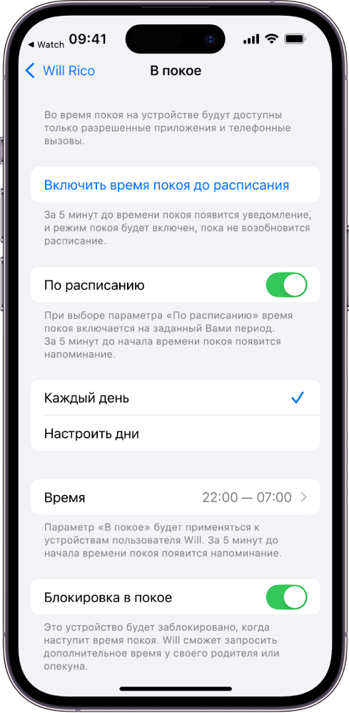 На iPhone показан экран настройки режима «В покое». Переключатель «По расписанию» находится вверху. Под ним находятся варианты «Каждый день» и «Настроить дни»; выбран вариант «Каждый день». Посередине экрана отображаются параметры времени начала и окончания режима. В нижней части показана кнопка «Блокировка в покое».