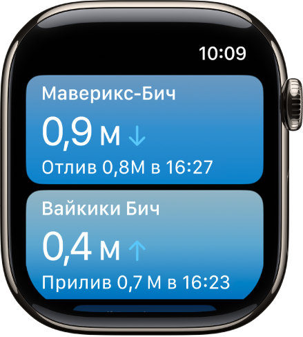 Экран приложения «Волны». Показан список геопозиций с информацией о волнах.