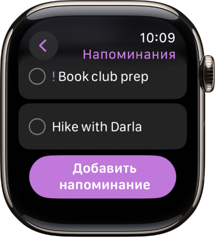 В приложении «Напоминания» показаны два напоминания. Напоминания расположены в верхней части экрана, а ниже показана кнопка «Добавить напоминание».