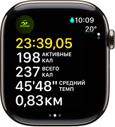 Выполняется тренировка «Плавание на открытой воде». Показано истекшее время, количество израсходованных активных калорий и общее количество сожженных калорий, средний темп и расстояние.