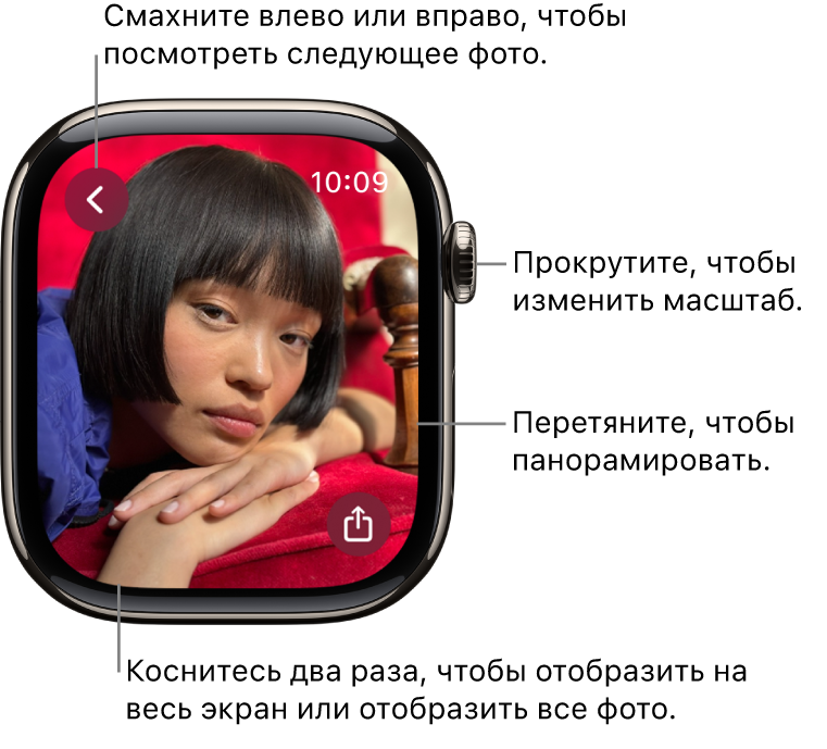 Во время просмотра фото, прокрутите колесико Digital Crown, чтобы изменить масштаб, перетяните, чтобы панорамировать, или дважды коснитесь, чтобы отобразить фото полностью или на весь экран. Смахните влево или вправо, посмотреть следующее фото. В правом нижнем углу находится кнопка «Отправить».