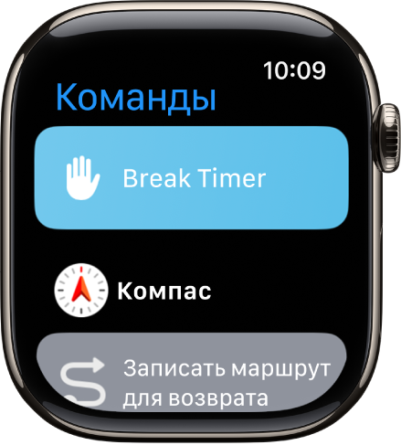 В приложении «Быстрые команды» показаны три команды: выключение таймера, «Компас» и запись маршрута.