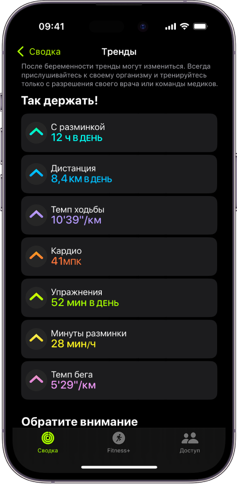 Вкладка «Тренды» в приложении «Фитнес» на iPhone. Под заголовком «Прогнозы» в верхней части экрана отображается несколько показателей: «Упражнения», «С разминкой», «Расстояние». Под заголовком «Обратите внимание» написано «Двигайтесь».
