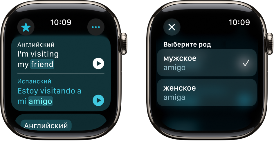 Два экрана приложения «Перевод». На первом вверху английская фраза, внизу — ее перевод на испанский. На втором экране выбрано слово и показаны формы разного рода.