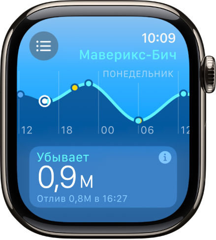 Экран приложения «Волны». Показана информация о геопозиции.