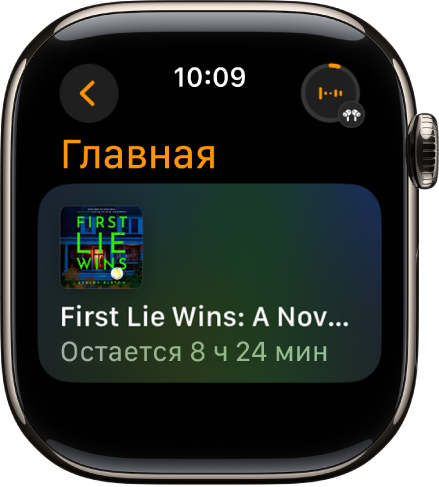 На экране «Аудиокниги» показано воспроизведение аудиокниги, ее название и оставшееся время. В правом верхнем углу находится кнопка «Исполняется».