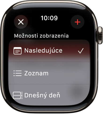 Obrazovka kalendára zobrazujúca možnosti zobrazenia: Nasledujúce, Zoznam a Deň. Vpravo hore sa nachádza tlačidlo Pridať.