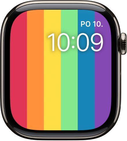 Digitálny ciferník Pride zobrazujúci vertikálne dúhové pruhy a dátum a čas vpravo hore.