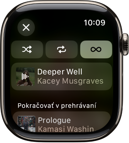 Okno so zoznamom stôp zobrazujúce tlačidlá Zamiešať, Opakovať a Automatické prehrávanie v hornej časti a jednu stopu priamo pod nimi. Naspodku sa pod nápisom Prehrávam ďalšie zobrazuje ďalšia stopa. Vľavo hore je tlačidlo Zavrieť.
