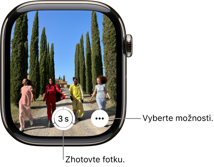 Obrazovka Apple Watch, na ktorej vidno obraz z kamery iPhonu. V strede spodnej časti obrazovky sa nachádza tlačidlo spúšte. Vpravo dole sa nachádza tlačidlo Ďalšie možnosti.