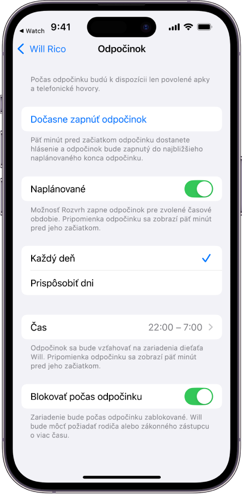 iPhone s obrazovkou na nastavenie funkcie Odpočinok. V hornej časti sa nachádza prepínač Rozvrh. Nižšie sa nachádzajú možnosti Každý deň a Prispôsobiť dni, pričom je vybratá možnosť Každý deň. V strede obrazovky sú polia Od a Do a v dolnej časti je tlačidlo Blokovať počas odpočinku.