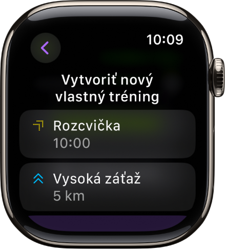 Apka Tréning s obrazovkou na vytvorenie nového vlastného tréningu. V strede sa nachádza dlaždica Rozcvička s 10-minútovým intervalom a pod ňou je dlaždica Vysoká záťaž s 3-míľovým intervalom.