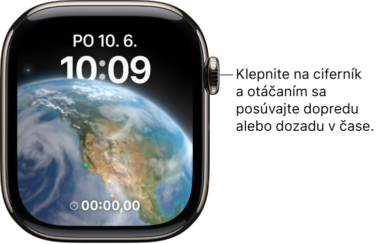 Astronomický ciferník so zobrazeným dňom, dátumom a aktuálnym časom. Dole sa nachádza komplikácia časovača. Keď na ciferník klepnete, otáčaním korunky Digital Crown môžete zobrazenie posúvať do budúcnosti a do minulosti.