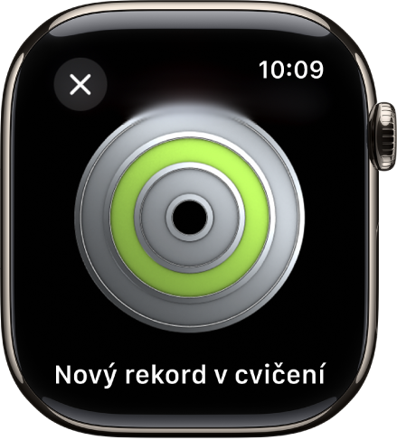 Ocenenie zobrazené na Apple Watch. Pod ocenením je jeho popis. Potiahnutím môžete otáčať ocenenie.