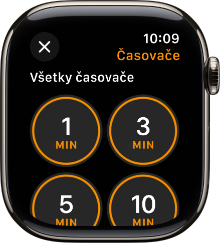 Obrazovka apky Časovač zobrazujúca tlačidlo Pridať na vytvorenie nového časovača a rýchle časovače na 1, 3, 5 alebo 10 minút.
