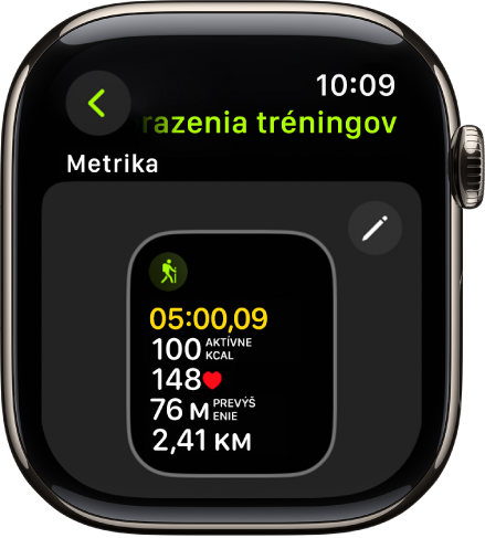 Obrazovka Zobrazenia tréningov, na ktorej je zobrazenie metriky pre túru.