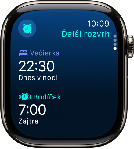 Apka Spánok na hodinkách Apple Watch zobrazujúca večerný rozvrh spánku. Na vrchu je zobrazená Večierka a na spodku je čas budíčka.