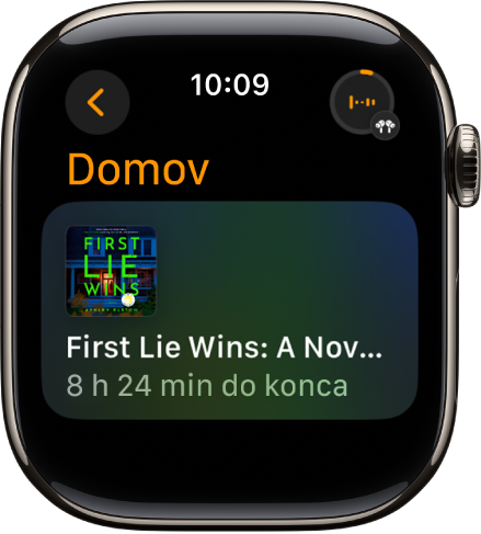 Obrazovka apky Audioknihy, na ktorej je zobrazená aktuálne prehrávaná kniha s názvom a zostávajúcim časom. Vpravo hore sa nachádza tlačidlo Práve hrá.