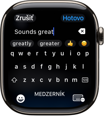 Na obrazovke s textovým poľom sa zobrazuje správa vytvorená pomocou dotykovej klávesnice. V dolnej časti obrazovky sa nachádzajú tlačidlá Emoji a Dotyková klávesnica.