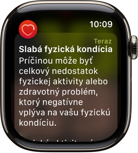 Upozornenie apky Srdcová frekvencia na nízku úroveň fyzickej kondície.