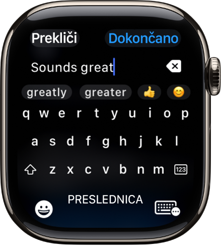 Zaslon besedilnega polja, ki prikazuje sporočilo, ustvarjeno s tipkovnico na zaslonu. Gumba Emoji in Tipkovnica na zaslonu sta na dnu zaslona.