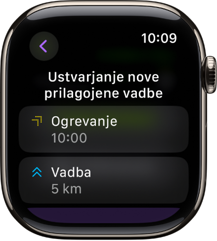 Aplikacija Vadba, ki prikazuje zaslon za ustvarjanje nove prilagojene vadbe. Ploščica Ogrevanje je v središču z 10-minutnim intervalom, ploščica Vadba pa je spodaj s 3-miljskim intervalom.