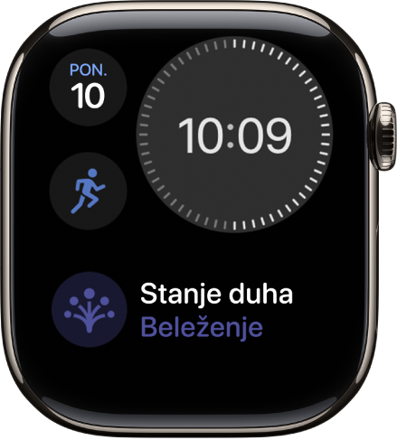 Kompaktna modularna številčnica prikazuje digitalno uro pri vrhu desno, dan in datum zgoraj levo in dve komplikaciji: Vadba na sredini levo in Stanje duha na dnu.