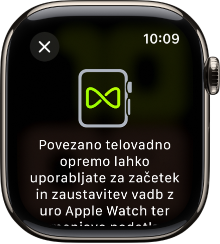 Zaslon za seznanjanje, ki se prikaže, ko svojo uro Apple Watch seznanite z opremo za vadbo.